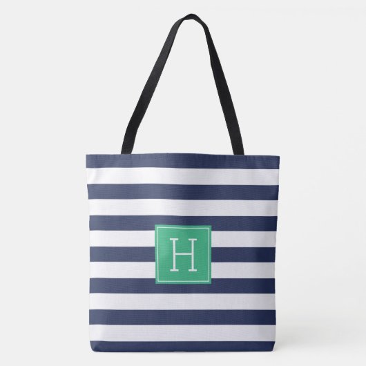 Stijlvolle marineblauwe strepen en groene monogram tote bag (Voorkant)