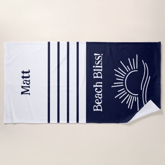 Stijlvolle marineblauwe strepen naam nautisch strandlaken (Voorkant)