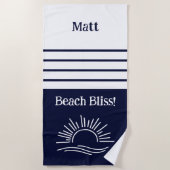 Stijlvolle marineblauwe strepen naam nautisch strandlaken (Voorkant)