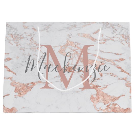 Stijlvolle Marmer en Roos Gouden Folie Monogram Groot Cadeauzakje (Voorkant)