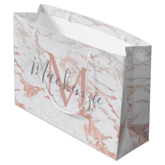 Stijlvolle Marmer en Roos Gouden Folie Monogram Groot Cadeauzakje (Achterkant Gekanteld)