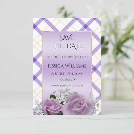 Stijlvolle Mauve Floral Birthday sparen de datum Save The Date (Staand voorkant)