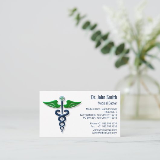 Stijlvolle medische Caduceus blauw groene vleugels Afsprakenkaartje (Staand voorkant)