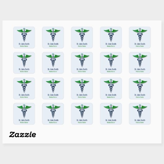 Stijlvolle Medische Caduceus Groene Vleugels Blauw Vierkante Sticker (Vel)