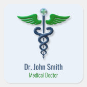Stijlvolle Medische Caduceus Groene Vleugels Blauw Vierkante Sticker (Voorkant)