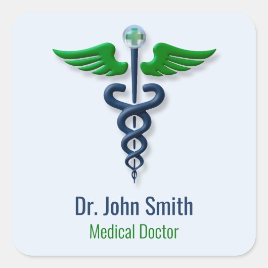 Stijlvolle Medische Caduceus Groene Vleugels Blauw Vierkante Sticker (Voorkant)