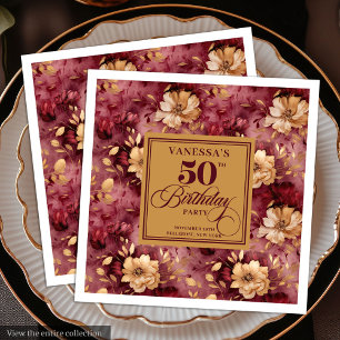 Stijlvolle Merlot Blush Goud Bloem 50ste Verjaarda Servet