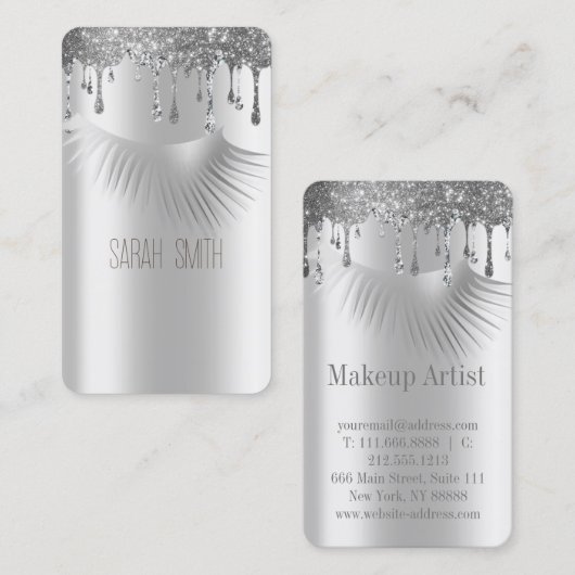 Stijlvolle Metallic Silver Glitter druppelt wimper Visitekaartje (Voorkant / Achterkant)
