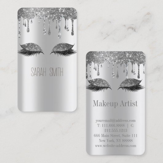 Stijlvolle Metallic Silver Glitter druppelt wimper Visitekaartje (Voorkant / Achterkant)