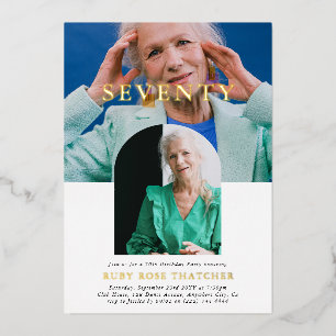 Stijlvolle minifoto 70ste verjaardag folie uitnodiging