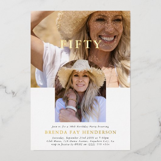 Stijlvolle minifoto FIFTY 50th Birthday Folie Uitnodiging (Voorkant)