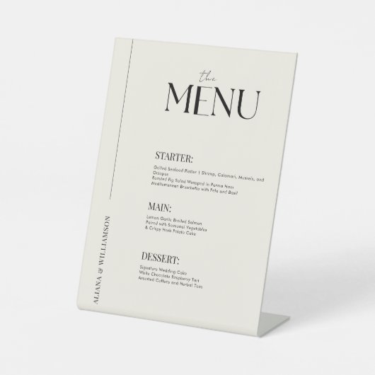 Stijlvolle minimaal oud geld zwart bruiloft menu reclamebord met voetstuk (Voorkant)