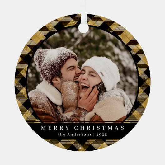 Stijlvolle Minimal Gold Plaid Kerstpaar Foto Metalen Ornament (Voorkant)