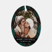 Stijlvolle Minimal Green Plaid Kerstpaar Foto Metalen Ornament (Voorkant links)