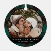Stijlvolle Minimal Green Plaid Kerstpaar Foto Metalen Ornament (Achterkant)