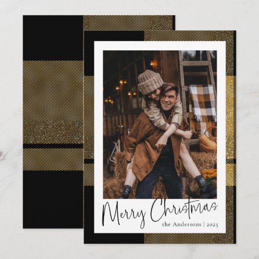 Stijlvolle Minimal Script Gold Plaid Kerstfoto Feestdagenkaart (Voorkant / Achterkant)