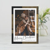 Stijlvolle Minimal Script Gold Plaid Kerstfoto Feestdagenkaart (Staand voorkant)