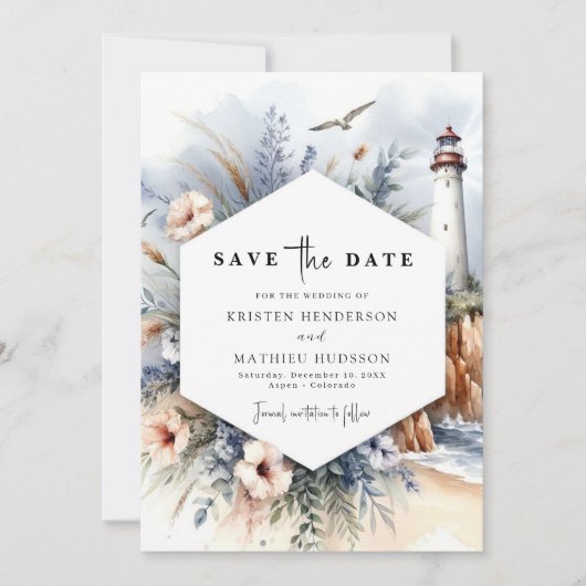 Stijlvolle Minimal Waterverf Lighthouse bruiloft Save The Date (Voorkant)