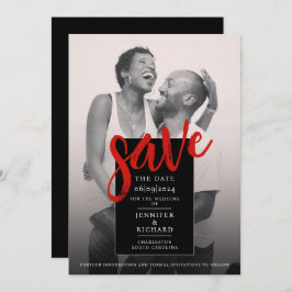 Stijlvolle minimale chique rood en zwart foto brui save the date