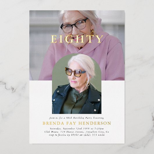 Stijlvolle minimale foto 80ste verjaardag folie uitnodiging (Voorkant)
