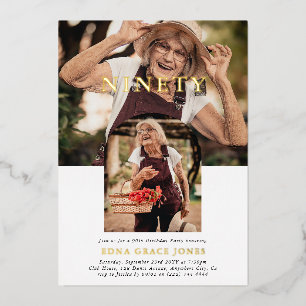 Stijlvolle minimale foto NEGENTIG 90ste verjaardag Folie Uitnodiging