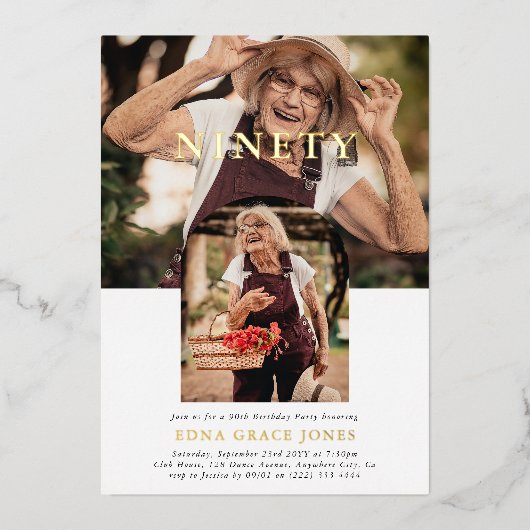 Stijlvolle minimale foto NEGENTIG 90ste verjaardag Folie Uitnodiging (Voorkant)