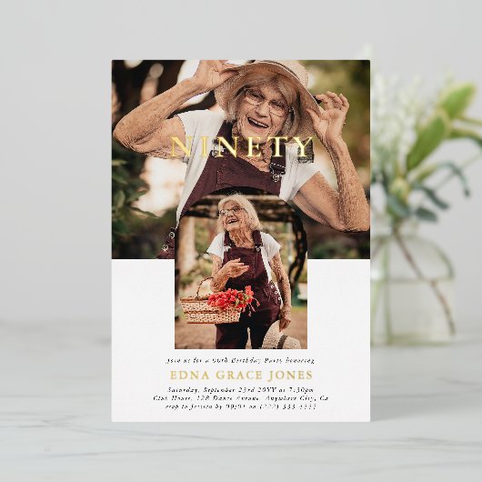 Stijlvolle minimale foto NEGENTIG 90ste verjaardag Folie Uitnodiging (Staand Voorkant)