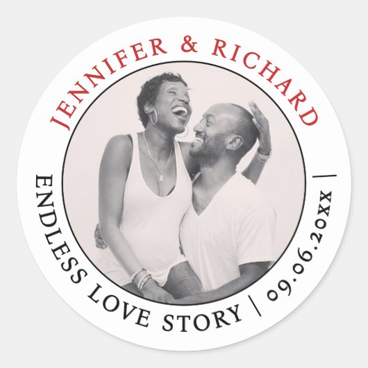 Stijlvolle minimale foto rood wit liefde naam brui ronde sticker (Voorkant)