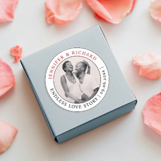 Stijlvolle minimale foto rood wit liefde naam brui ronde sticker