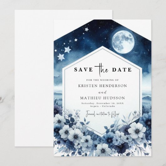 Stijlvolle minimale maanverlichte bruiloft save the date (Voorkant / Achterkant)