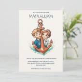 Stijlvolle minimale nautische bruiloft uitnodiging (Staand voorkant)