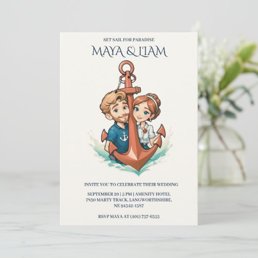 Stijlvolle minimale nautische bruiloft uitnodiging (Staand voorkant)
