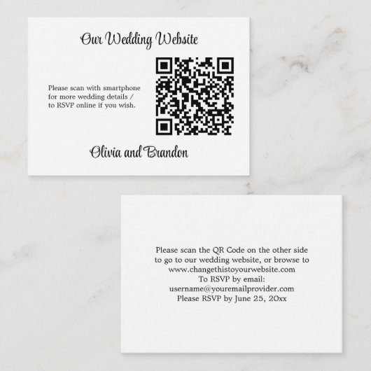 Stijlvolle, minimale QR-code Website RSVP-kaart Informatiekaartje (Voorkant / Achterkant)