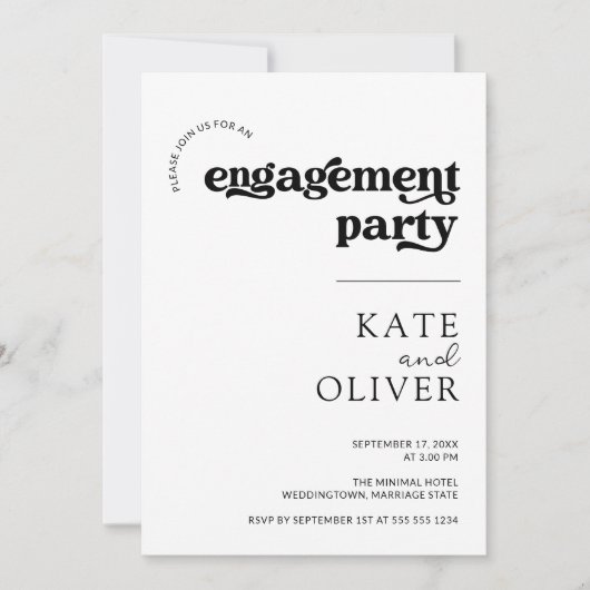 Stijlvolle minimale retro zwart wit verlovingsfees kaart (Voorkant)