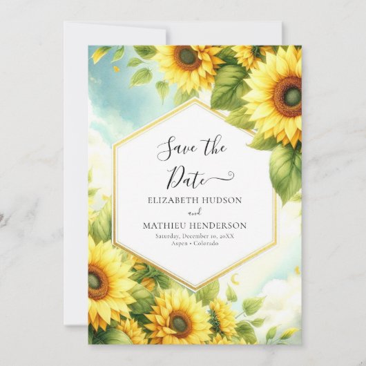 Stijlvolle minimale zonnebloem bruiloft save the date (Voorkant)