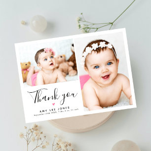 Stijlvolle minimalistische 2 foto nieuwe baby beda bedankkaart