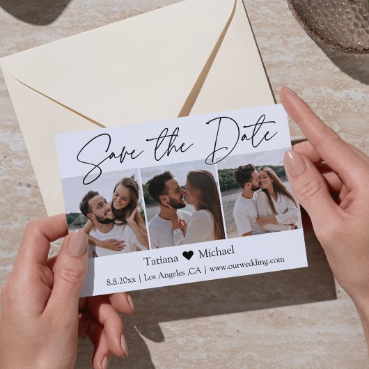Stijlvolle minimalistische 3 foto collage Save the Aankondigingskaart