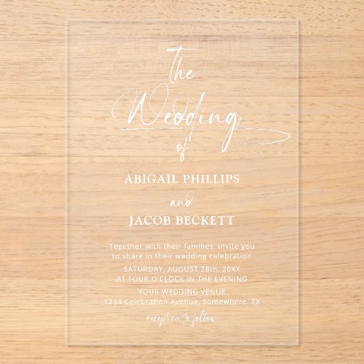 Stijlvolle minimalistische bruiloft acryl uitnodigingen (Voorkant)