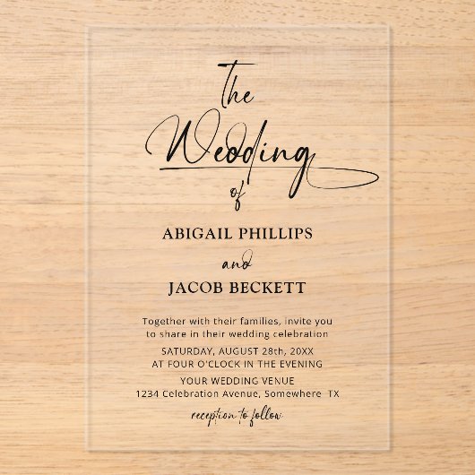 Stijlvolle minimalistische bruiloft acryl uitnodigingen (Voorkant)