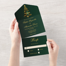 Stijlvolle Minimalistische Gouden Kerstboom Trouwf All In One Uitnodiging