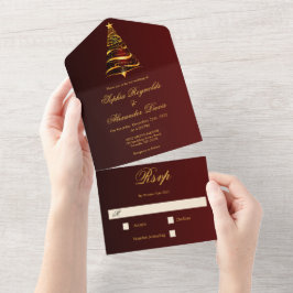 Stijlvolle Minimalistische Gouden Kerstboom Trouwf All In One Uitnodiging