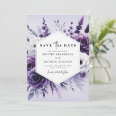 Stijlvolle minimalistische Paarse bloemenbruiloft Save The Date (Staand voorkant)