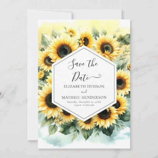 Stijlvolle minimalistische zonnebloem bruiloft save the date (Voorkant)