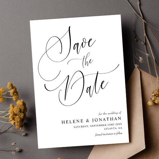 Stijlvolle minimalistische zwart wit elegante brui save the date
