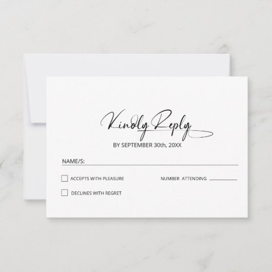 Stijlvolle minimalistische zwart witte bruiloft RSVP kaartje (Voorkant)