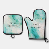 Stijlvolle Mint Witte Gouden Bruiloft Ovenwant & Pannenlap Set (Voorkant)