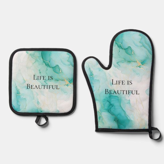 Stijlvolle Mint Witte Gouden Bruiloft Ovenwant & Pannenlap Set (Voorkant)