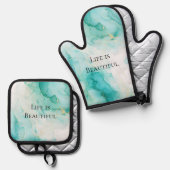 Stijlvolle Mint Witte Gouden Bruiloft Ovenwant & Pannenlap Set (Voorkant / Achterkant)