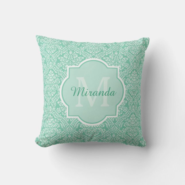 Stijlvolle Mintgroene Damast Monogram Met Naam Kussen (Voorkant)