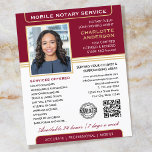 Stijlvolle mobiele notaris service foto Bourgondië Flyer<br><div class="desc">Trek meer klanten aan met deze klassieke Notary Public business flyers. Een stijlvolle sjabloon gepersonaliseerd met uw foto, naam, gegevens, QR-code en een logo of accreditatiesymbool. Zakelijke flyers zijn een effectieve manier om uw bedrijf te promoten en uw notarisdiensten te adverteren. Een effectieve manier om uw bedrijf te promoten en...</div>